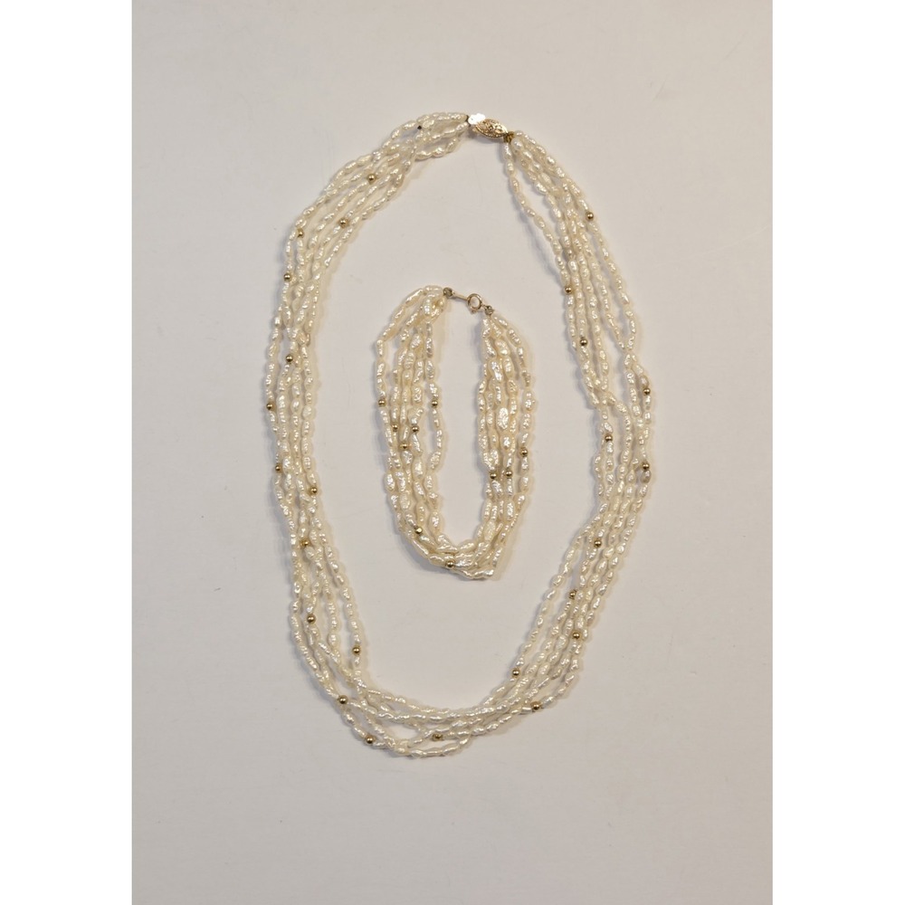 Vintage 5 Strand 14k Yellow Gold & Rice Pearl Necklace & Bracelet Set 18.5" 7.5"